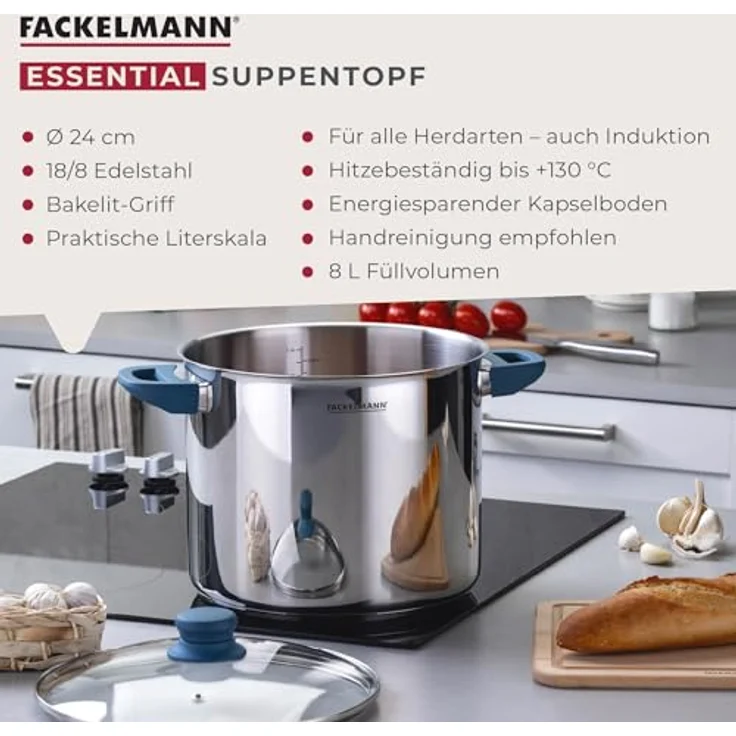 Fackelmann Suppentopf Essential, Ø 24 cm, 9L, Hochwertiger Edelstahl, ergonomische Bakelit-Griffe, für alle Herdarten geeignet, Blau – Bild 4