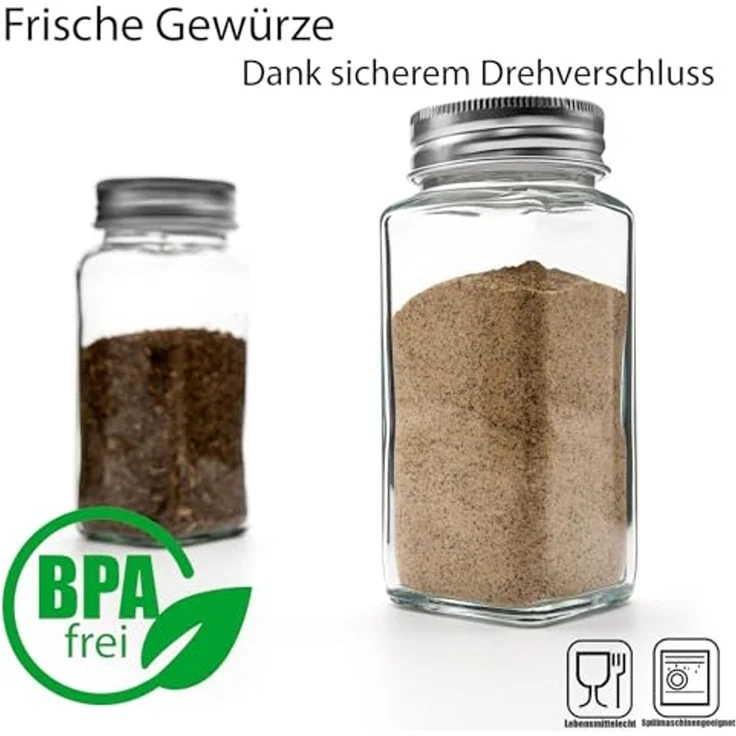 BigDean 12er Set Gewürzgläser eckig - luftdichte Gewürzdosen lebensmittelecht mit zwei Streueinsätzen - ideal für Gewürzaufbewahrung – Bild 2