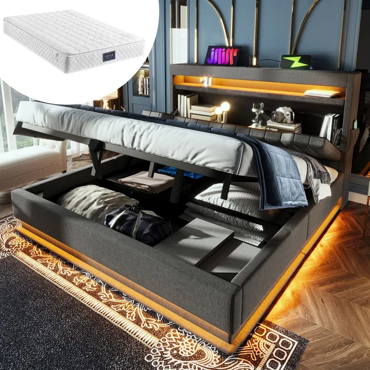 EINHOM Polsterbett Einzelbett 140 x 200 cm, Stauraum-Kopfteil mit USB- und Typ-C-Anschlüssen, LED-Beleuchtung am Kopf- und Fußende des Bettes, mit Hydraulischem Stauraum, Leinen, Grau (Mit Matratze)