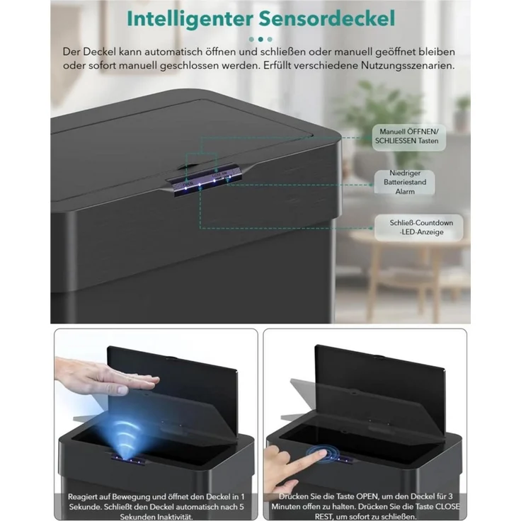 TLGREEN Mülleimer mit Sensor,automatischer Abfalleimer 30/50/60 L, mit Klemmring für Müllbeutel,Softclose-Deckel, Stahl – Bild 4