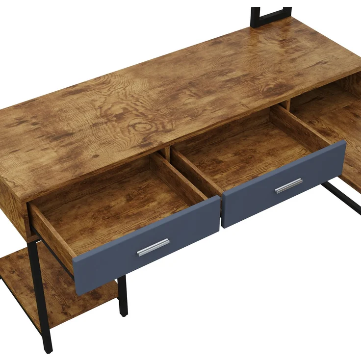 L-förmiger Schreibtisch 140x140x135 cm mit Stauraum, MDF und Metall – Bild 10