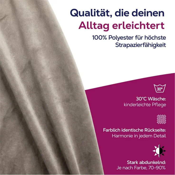 Beautex Verdunkelungsvorhang Samt Vorhang Kräuselband U-Band Gardine Velvet abdunkelnd (1 St), Hakenaufhängung, abdunkelnd, Weicher Samtstoff, lichtmindernd, pflegeleicht, blickdicht – Bild 3