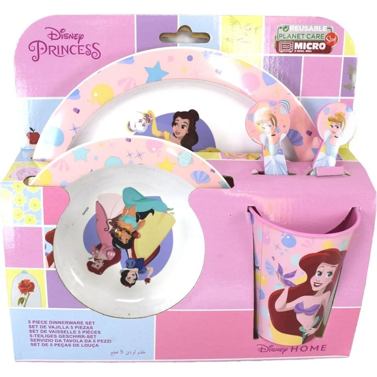 Kunststoff Kindergeschirr Set Motiv (5 tlg.) Schüssel, Teller, Becher & Besteck Disney Prinzessinnen