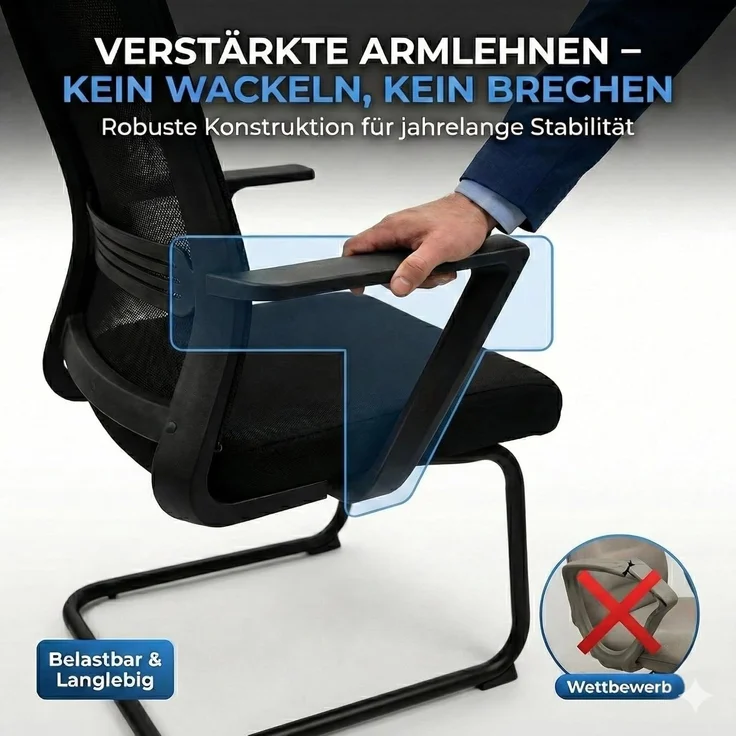 VALKENSTOL K1 - Besucherstuhl Freischwinger Schwarz mit Armlehne - Konferenzstuhl - Bürostuhl ohne Rollen - 2er Pack – Bild 7