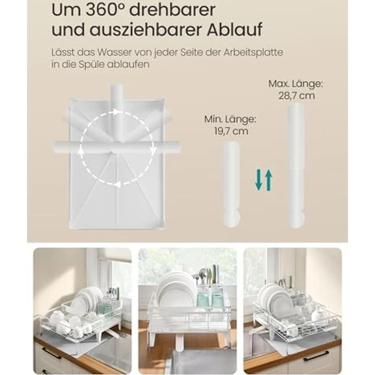 SONGMICS Abtropfgestell Geschirr, ausziehbarer Geschirr-Abtropfständer, wasserabsorbierende Silikonmatte, 360° drehbarer und ausziehbarer Ablauf, (31-56) x 42 x 20 cm, mattweiß-taubengrau – Bild 5