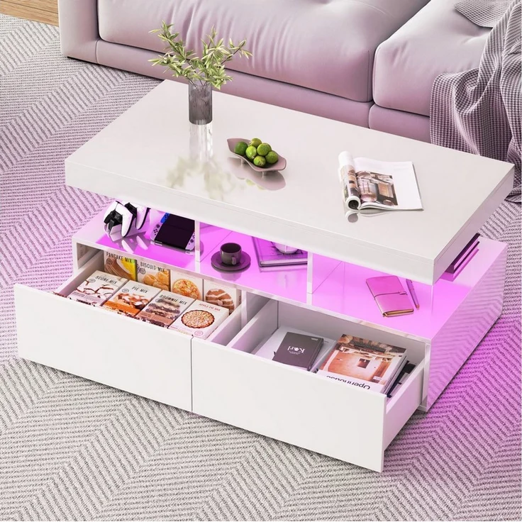 FUROKOY Couchtisch Modern Wohnzimmertisch Hochglanz (Set, 1-St, Beistelltisch mit Versteckter Stauraum und 2 Schubladen), Sofatisch Kaffeetisch, 78 x 78 x 43cm, Weiß – Bild 1
