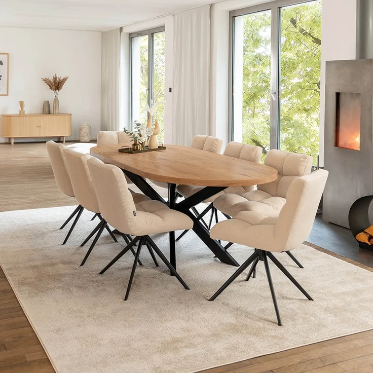 HOME DELUXE Essgruppe Oval Ausziehbar inkl. Sternfuß - 160 x 100 cm Light Oak 8 Stühle Creme – Bild 1