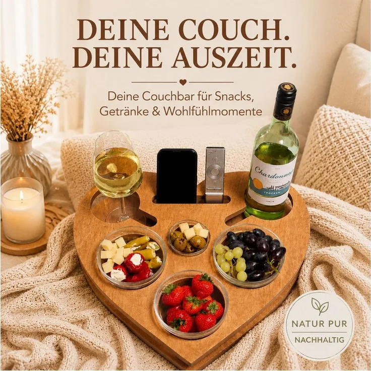 PEGSEN Servierplatte Couchbar Snackbox Herz mit 4 Snackschalen Sofa Tablett, Birkenholz, (Geschenkset inkl. Geschenkkarton, 5-tlg, lebensmittelechte Glasschalen), passend für Kaffeetassen, Weingläser & 0,5l Flaschen