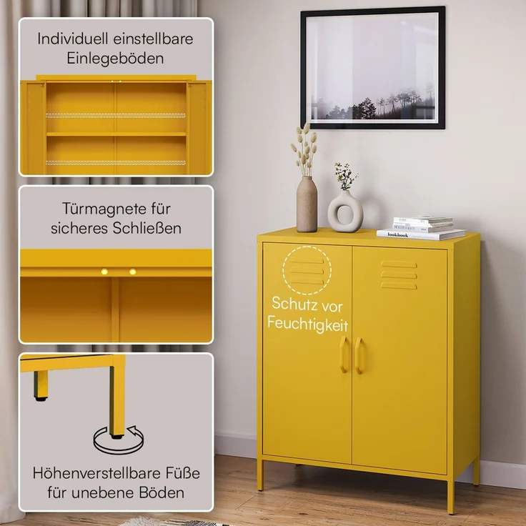 skølm 'Atria' Metallkommode, senfgelb, 100x38x80 cm, Metallschrank mit 3 Fächern – Bild 3