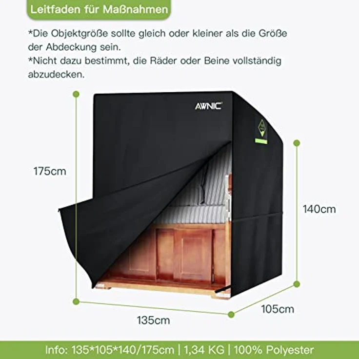Awnic Strandkorb Schutzhülle Winterfest Strandkorbhülle Strandkorbhülle 2 Sitze Wasserdicht 420D Polyester L135×B105×H175/140cm – Bild 3