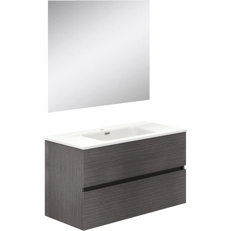 Baikal Badezimmerschrank, Zwei Schubladen, Wandmontage, mit Waschbecken, Melamin 16, montiert, Möbel 90 cm, Asche mit Spiegel Mond – Bild 1