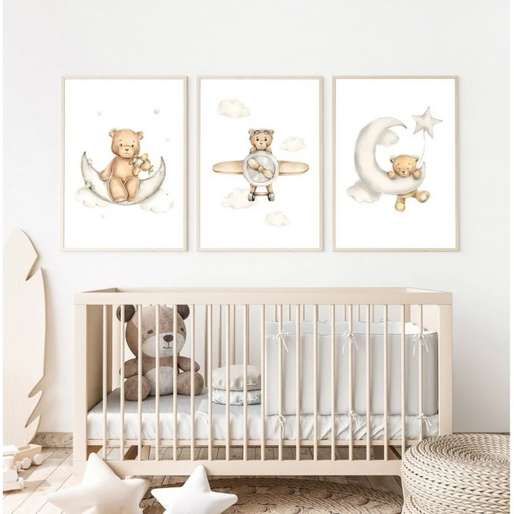 JUSTGOODMOOD Poster Kinderzimmer Bilder Geschenkidee für Kinder Teddy Bären Flugzeug Pilot, B (1 St) – Bild 2