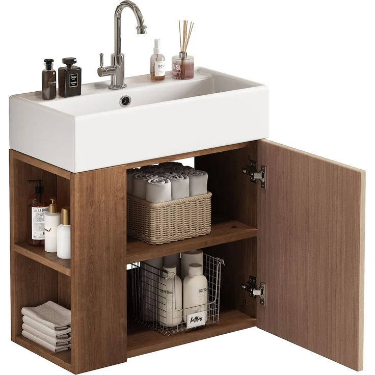 Waschtischunterschrank 66.5x55x31 cm, braun, mit Keramikbecken und Stauraum – Bild 6