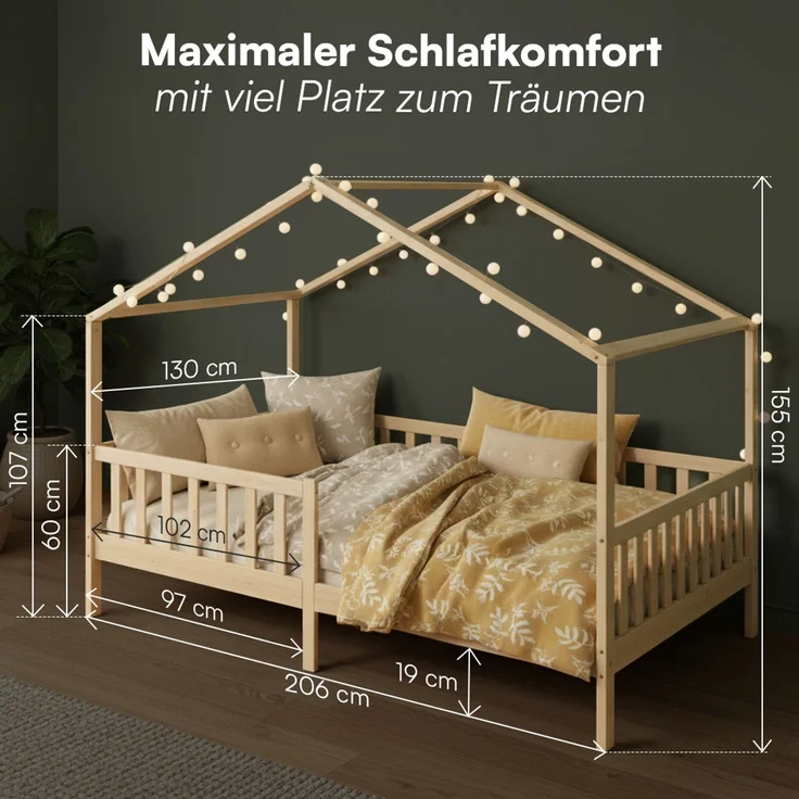 Bellabino 'Bia' Hausbett 120x200 cm mit Matratze, natur, Kiefer Massivholz, Montessori Kinderbett mit Rausfallschutz und Lattenrost – Bild 9