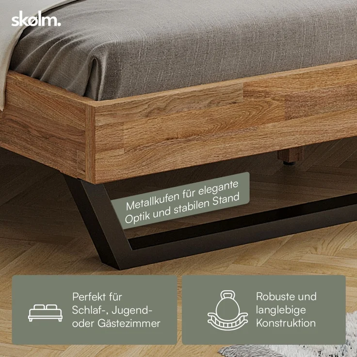 skølm 'Alver' Bett 120x200 cm, Bettgestell, natur geölt, Massivholzbett aus Eiche mit Metallkufen, Doppelbett mit durchgehendem Bettkopf – Bild 5