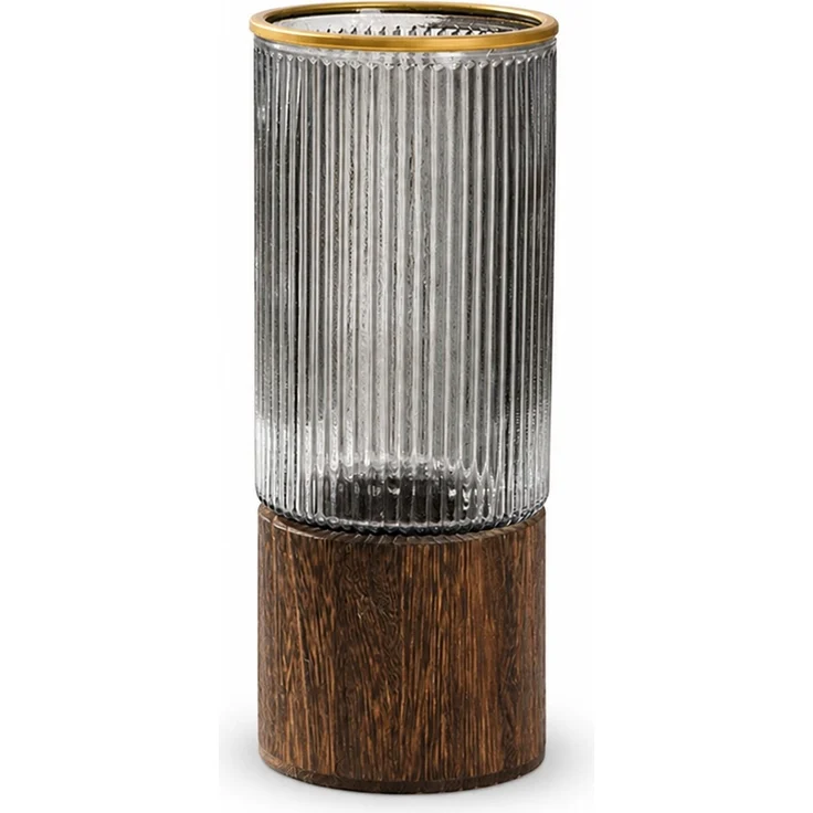 Glasvase mit Holzsockel und Rillenstruktur, Rauchgrau-Gold, 10 x 10 x 25 cm – Bild 1