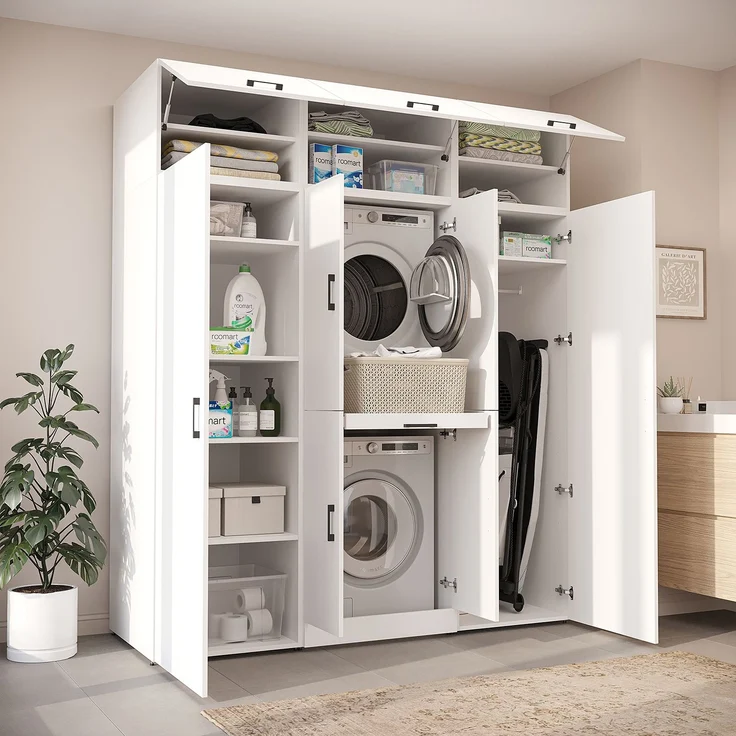 Roomart Waschmaschinenschrank - DORA-I- 190 cm breit - Wasch- & Trocknerschrank mit 2 Hochschränken, Türen & Ausziehbrett, Waschmaschinen-Überbau für Waschküche & Hauswirtschaftsraum • Weiß – Bild 3