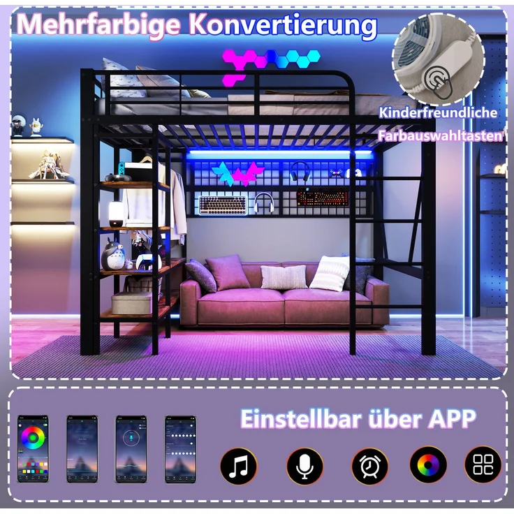 EINHOM Hochbett, 140 x 200 cm, Eisenrahmen, Ablagefach, Netz zum Aufhängen von Gegenständen, mit Kleiderstange, Offener Raum unter dem Bett, mit LED-Lichtleiste, Schwarz (Ohne Matratze) – Bild 5