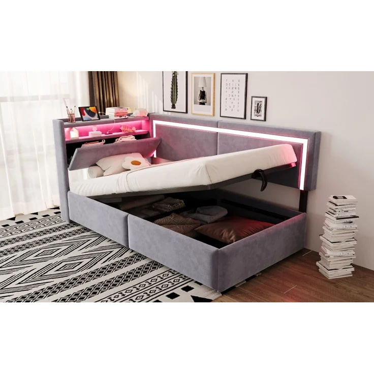 EINHOM Polsterbett Schlafsofa 90 x 200 cm, Samt, mit LED-Beleuchtung und USB-Ladeanschlüssen, Kopfteil Lässt Sich zum Verstauen Öffnen, Hydraulisches Stauraumsystem unter dem Bett, Hellgrau, (Ohne Matratze) – Bild 7