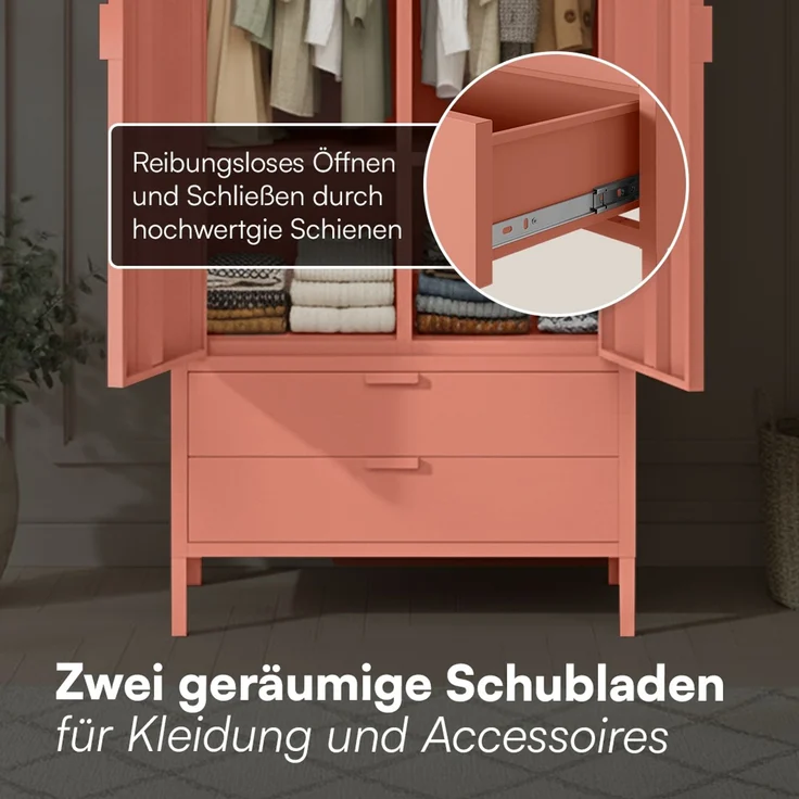 skølm 'Ituri' Kleiderschrank mit 2 Schubladen, Metall, 170x45x80 cm, terrakotta, Garderobe mit 4 Fächern und 2 Kleiderstangen – Bild 5