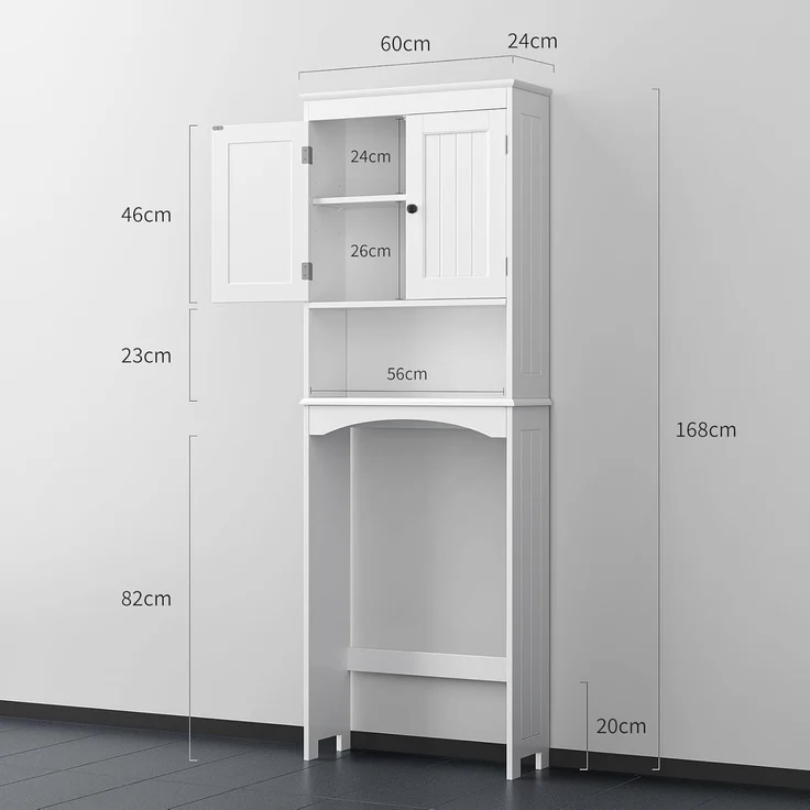 Bealife Toilettenregal, Regal über Toilette mit 3-stufigen verstellbaren Regalen, WC Überbauschrank Freistehend, 167 x 60 x 23 cm Überbau Toilettenschrank mit Doppeltüren für Badezimmer – Weiß – Bild 2