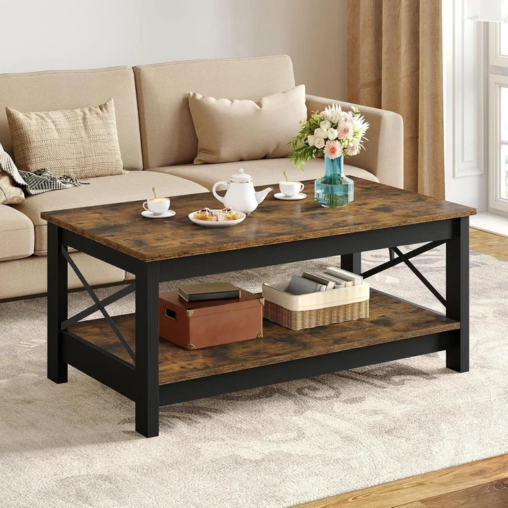 YITAHOME Couchtisch, Wohnzimmertisch, 2-stöckiger Dicker Holz Rechteckiger Couchtisch, X-Form Metal Side Support, Stabil 100 x 55,3 x 45 cm – Bild 1