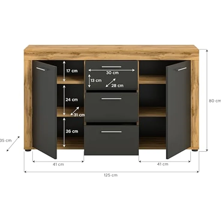 xonox. home Wohnen Jam X8BN1T01 Sideboard Schrank Lowboard Wohnzimmerschrank in Wotan Eiche Melamin/grau Nachbildung, ca. B/H/T: 125 x 80 x 35 cm – Bild 4