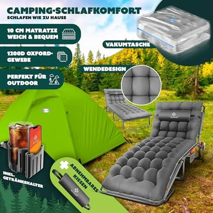 KESSER Campingbett klappbar mit Tragetasche, Nackenkissen, Vakuumtasche & Getränkehalter, Oxford-Gewebe anthrazit / grau, 68 x 190 x 30 cm – Bild 2
