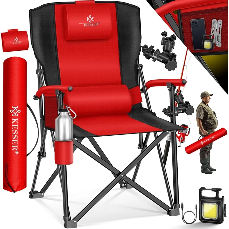 KESSER® Campingstuhl faltbar bis 160 kg, Klappstuhl, Gepolstert mit Armlehnen, Campinglicht und Getränkehalter + Tasche mit hoher Rückenlehne, mit Angelhalterung, Rot / Schwarz, 95 x 65 x 59 cm – Bild 1