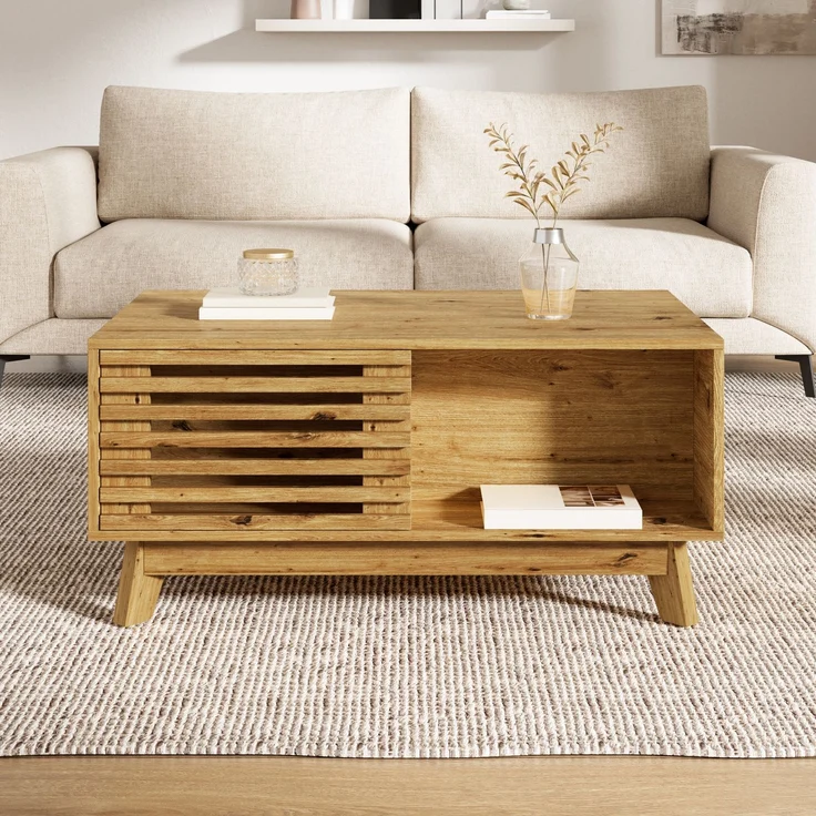 Couchtisch Modern Retro, höhenverstellbare Tischplatte, verschiebbare Jalousietür, Holz-Optik, MDF-Korpus, multifunktionaler Wohnzimmertisch--Natürlich--90x55x57.5cm--YOUDENOVA – Bild 10