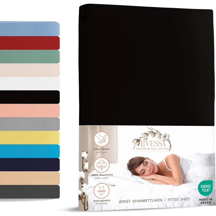 Livessa Spannbettlaken 200x200 aus Baumwolle Single-Jersey Stoff 140 g/m², Spannbetttuch/Bettlaken mit 30cm Matratzenhöhe, Ultra weich und atmungsaktiv