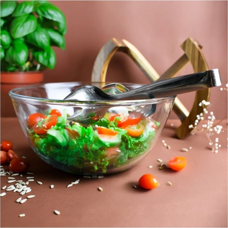 Elegantes 3-teiliges Salatschalenset aus Glas mit Salatbesteck auf Holz-Gestell – Bild 3