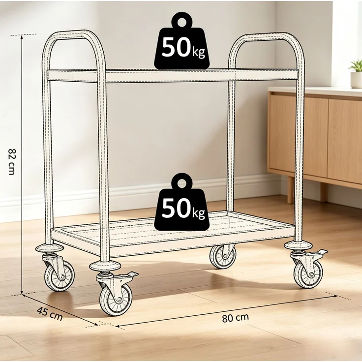 Küchenwagen aus Edelstahl mit 2 Ablagen & Rollen, 80x45x82 cm, Grau – Bild 2