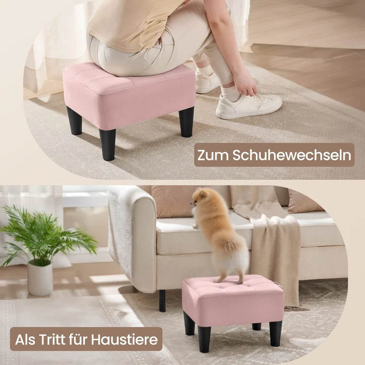 SONGMICS Sitzhocker, Fußhocker, Samt, Hocker, Dicke Polsterung, bis 150 kg belastbar, für Wohnzimmer Schlafzimmer Eingangsbereich, pastellrosa-tintenschwarz – Bild 5