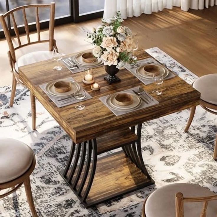 LITTLE TREE 31,5-Zoll-Quadratischer Esstisch für 2 Personen, 2-stufiger Küchentisch im Industriestil mit Stauraum, Metallgestell für Esszimmer, Wohnzimmer, kleine Räume (Braun und Schwarz) – Bild 4