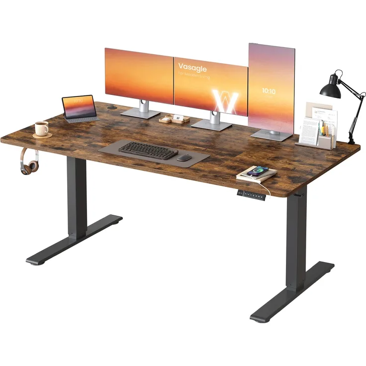 VASAGLE Höhenverstellbarer Schreibtisch, 160x80 cm, USB-C-Anschluss, Ablage für Steckdosenleiste, Stehtisch, Erinnerung bei langem Sitzen, 3 Speichertasten, für Büro, vintagebraun LSD146KD02
