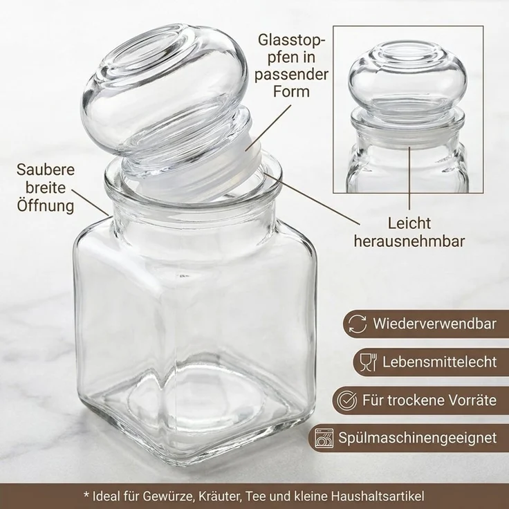 gouveo Vorratsglas Gewürzgläser 150 ml eckig mit Glaskorken - Gläser mit Glasstopfen, (24-tlg), Glaskorken, eckige Form, luftdicht verschließbar – Bild 4