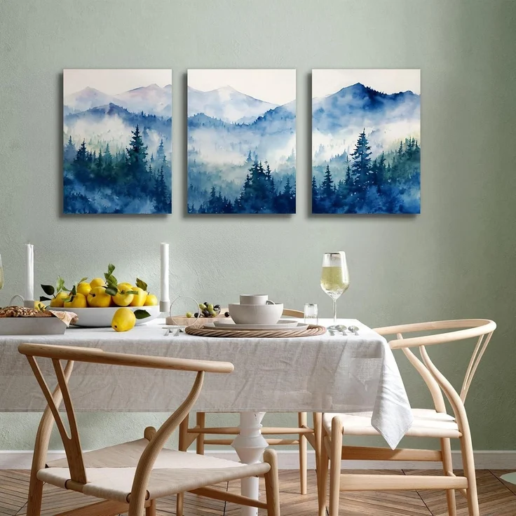 Aquarell Blau Wald Leinwand Bilder Set Wohnzimmer Schlafzimmer 40cm x 58cm x 3 – Bild 3