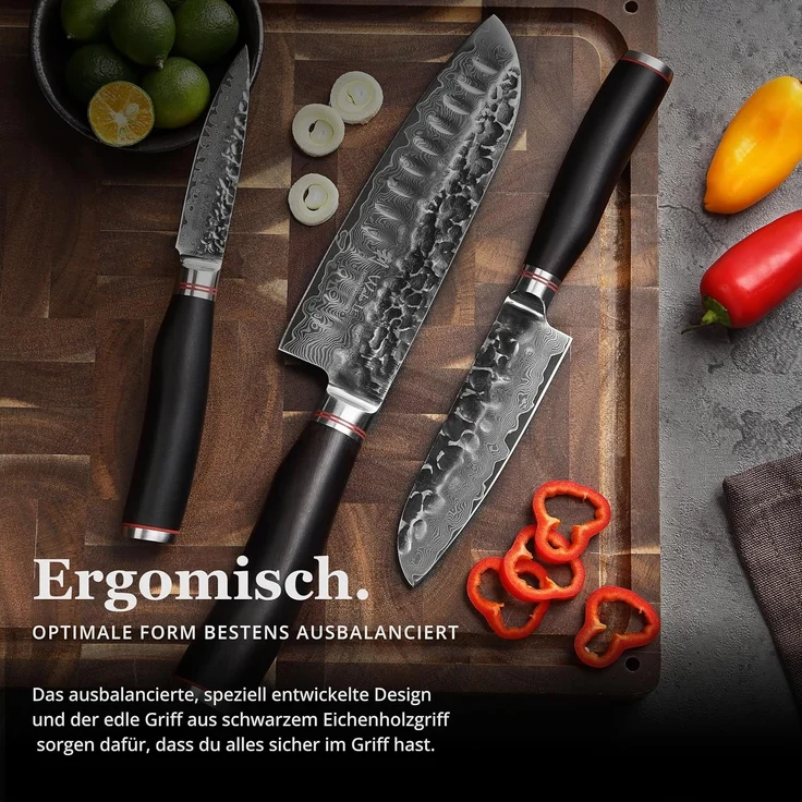 Wakoli Messer-Set Ebo 3er Damastmesser Set Küchenmesser Kochmesser 9 bis 18cm Klingen (Damastmesser mit Geschenkbox, 1-tlg, 1x 3er Damastmesser-Set), aus 67 Lagen Damaststahl, VG10 Kern – Bild 4
