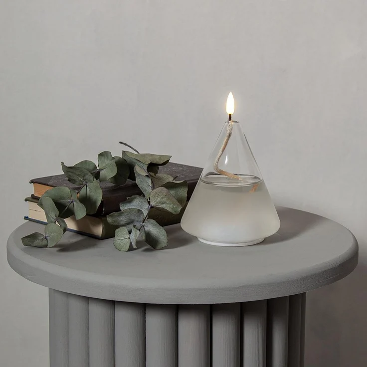 LED Kerze ,Flamme Float' im Glas, Ölkerzen-Optik, Gelkerze mit Docht, transparent, Flacker-Effekt, H 15cm, Ø 11cm – Bild 2