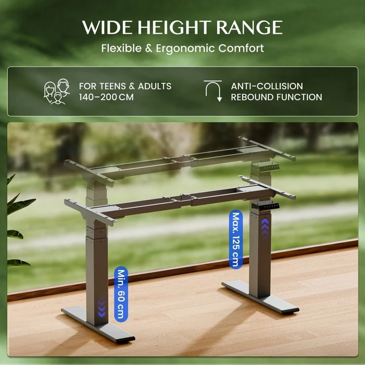 FLEXISPOT Schreibtisch Elektrisch höhenverstellbares Tischgestell E6 (2 Motore, 3-Fach-Teleskop, 4 Speicherplätze, höhenverstellbar von 60–125 cm, Geschwindigkeit 40 mm/s), Kollisionschutz Funktion, USB Ladeanschluss, MAX Load: 200KG – Bild 3