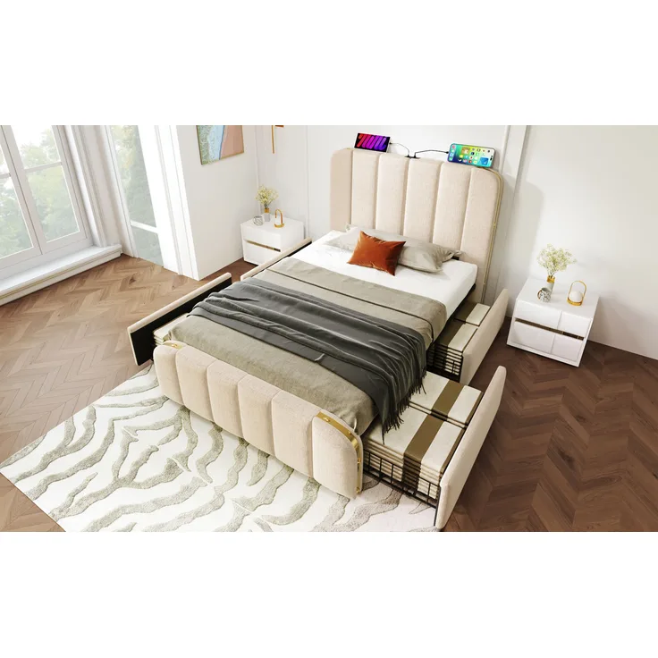 Polsterbett Leinen mit USB-Anschluss & 4 Schubladen, 90x200 cm, 215x98x102 cm, Beige, ohne Matratze