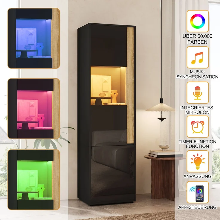 Vitrine, Aufbewahrungsmöbel, hoher Schrank mit LED-Beleuchtung, 2 Türen (eine davon aus Acryl). Geeignet für Wohnzimmer, Büros und Küchen. Schwarz+Natural. Maße: B50 x T40 x H179 cm. – Bild 6