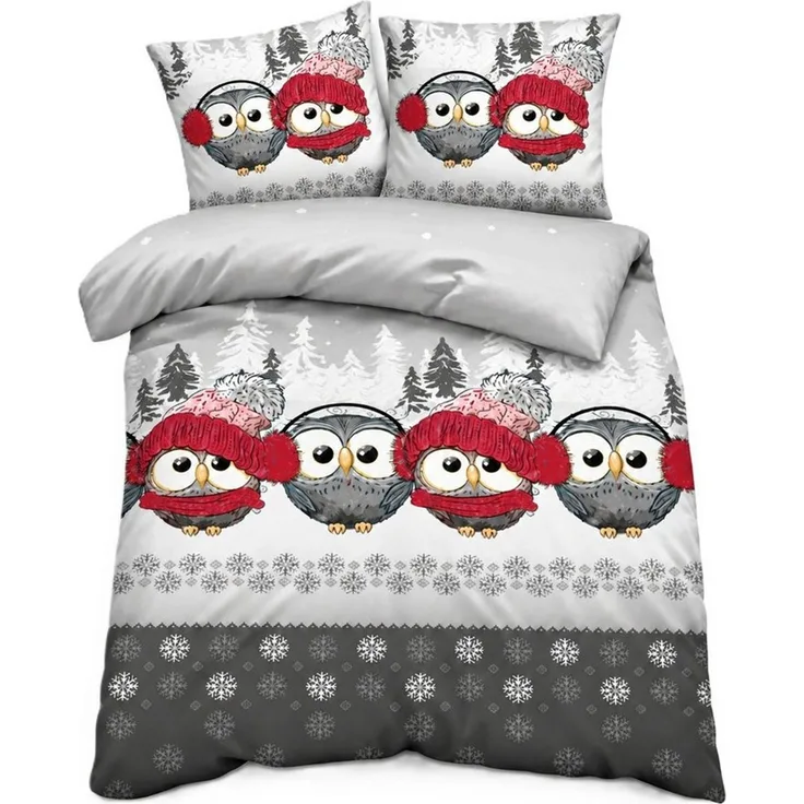 One Home Bettwäsche Winter Baumwolle Biber Motive, Flanell, 3 teilig, Schneeflocke Weihnachtlich süße Eule, kuschelig flauschig warm weich