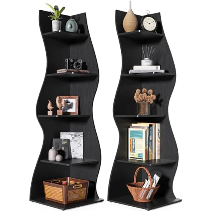 LITTLE TREE Bücherregal Ecke, Modernes Regal Schmal mit 6 Ebenen, 50 x 48 x 179 cm Bücherregal Holz, Standregal mit Wellen-Design für Kleine Räume, Wohnzimmer & Schlafzimmer, Schwarz, 2er Pack – Bild 2