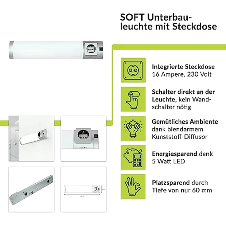 Licht-Erlebnisse Wandleuchte SOFT, LED fest integriert, Kaltweiß, Unterbauleuchte mit Steckdose Schalter Bad Küche Wandlampe – Bild 3