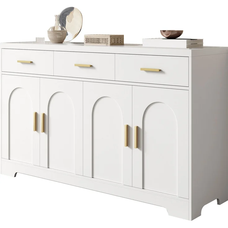Merax Wohnzimmerschrank, Weiß Sideboard mit vier bogenförmigen Türen, 3 Schubladen, höhenverstellbare Einlegeböden, Korpus aus MDF, goldene Metallgriffe – Bild 10