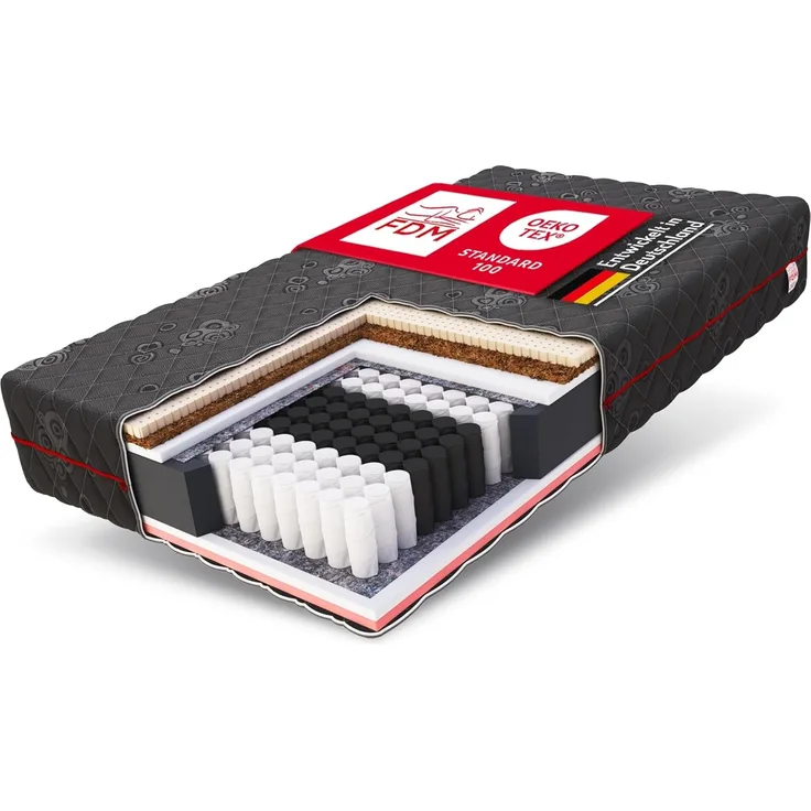 FDM Black Taschenfederkernmatratze 120x200 cm Latex Matratze 22 cm Höhe 7-Zonen Härtegrad H4/H3 (Hart/Mittelhart) Thermoplastischer Visco-Schaum Bezug Zweiseitig Abnehmbar Waschbar TFK