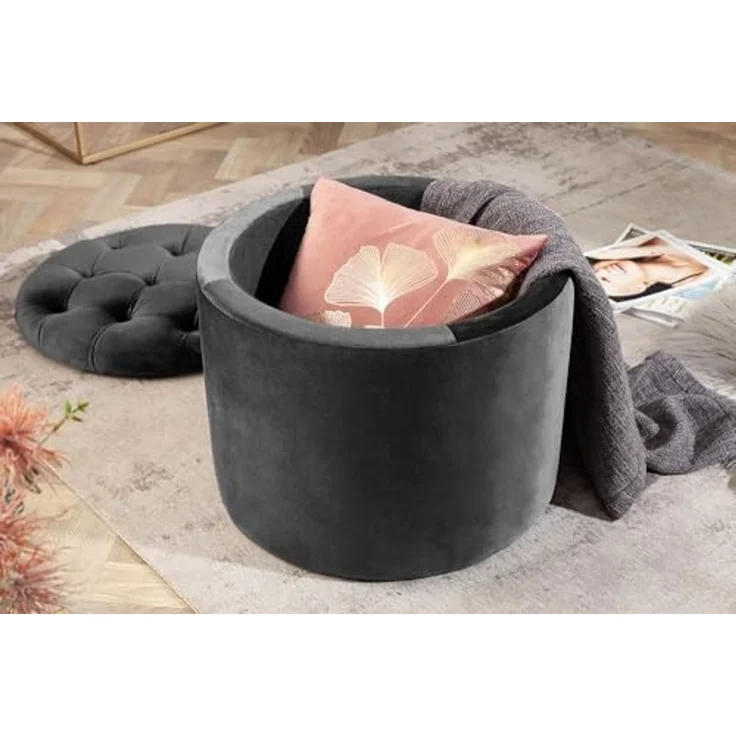 riess-ambiente Sitzhocker MODERN BAROCK 50cm grau · Aufbewahrungskorb mit Samt-Bezug (Einzelartikel, 1 St), zylinderförmig · rund · abnehmbarer Deckel · mit Stauraum · Wohnzimmer – Bild 4