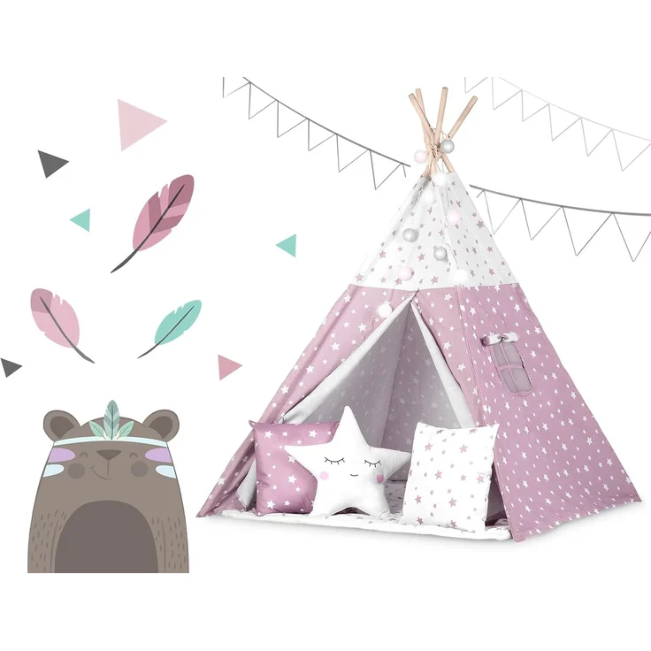 NUKIDO Kindertipi im Montessori-Stil Baumwolle und Holzrahmen mit Isoliermatte 3 Kissen Girlande Luftig 120 x 120 x 165 cm Rosa mit Sternen – Bild 2